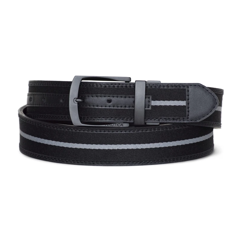 Nautica Men's Reversible Casual and Dress Belts with Metal Buckle, Signature Logo-Black Ribbon/Leather, 44"