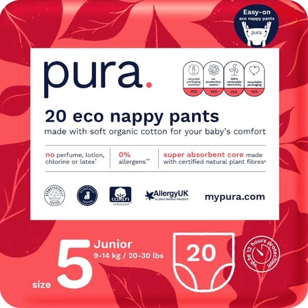 Pura Eco Nappy Pants - Size 5 (9-14kg /20-30lbs), 20 Nappies (1 Pack), Baby & Toddler Easy Pull Ups, Training Nappies, Fragrance Free, Sensitive Skin