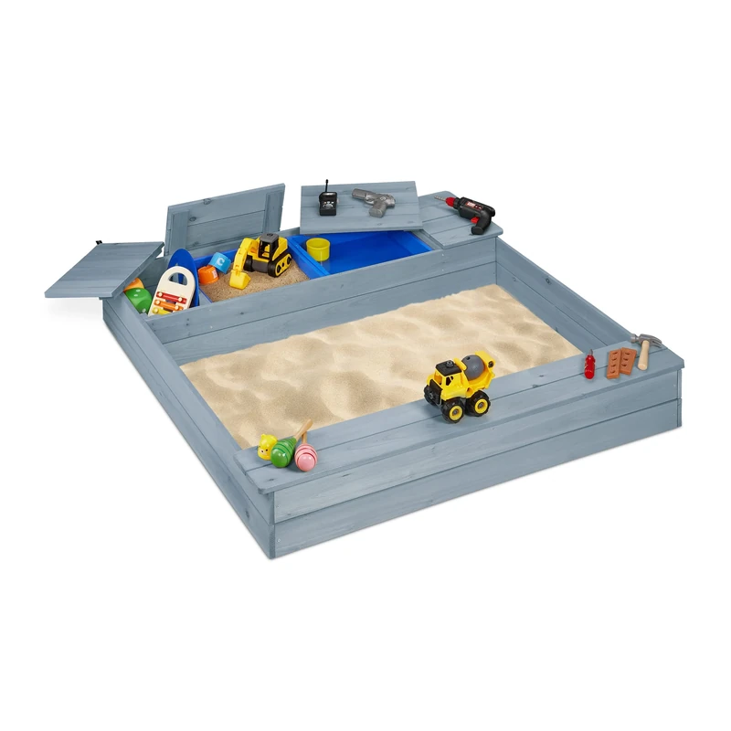 Relaxdays Sandbox Pit, 2 Mud Pools, Bench, Storage Compartment, HWD 18x120x125 cm, Sandpit, Fir Wood, Grey, 18 x 120 x 125 cm