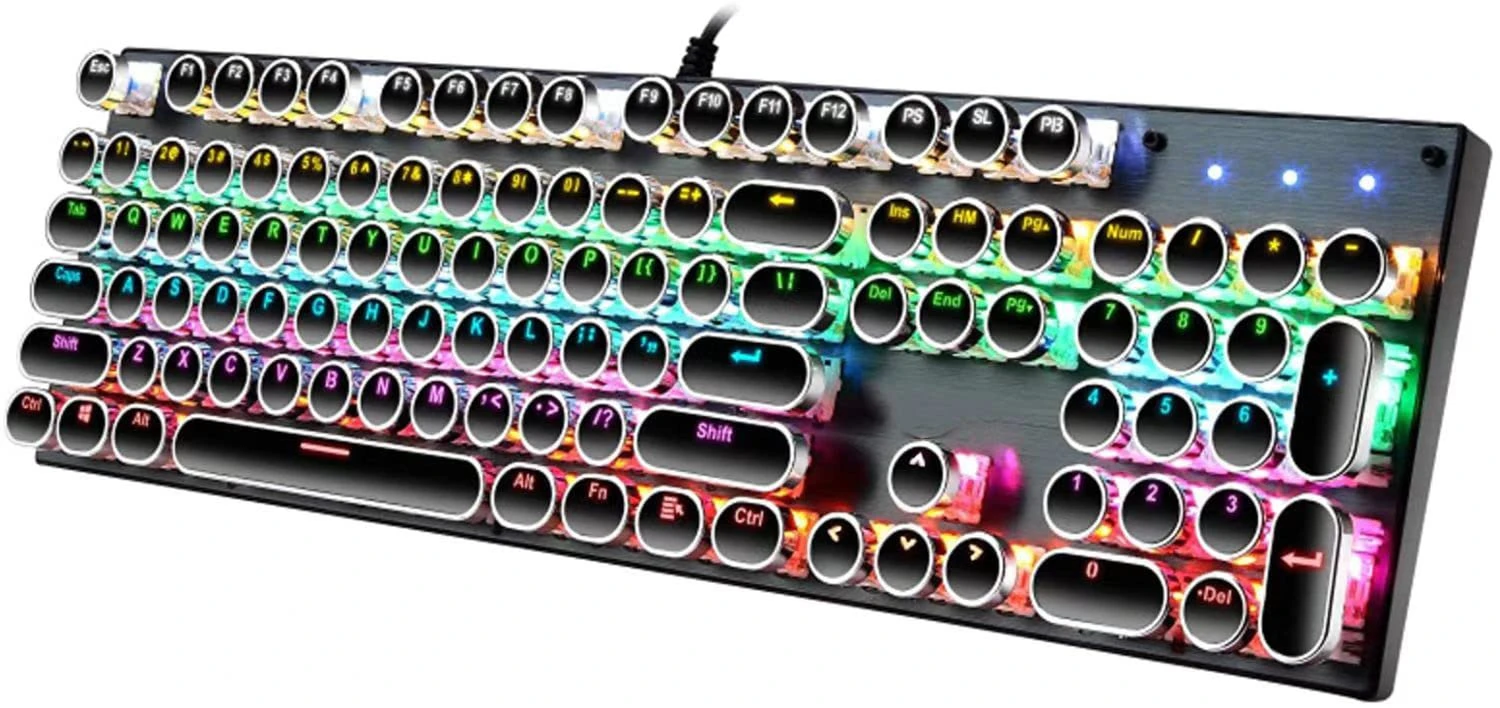 Hisxus Gaming keyboard,Black Retro Punk Typewriter style,Mechanical Keyboard 104 Keys Blue Switch with 9 True RGB Backlight Modes,Round Keycaps for Windows/Mac/PC