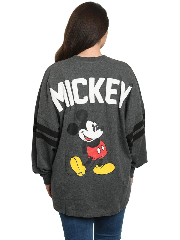 Disney Jersey Womens Oversized Mickey Minnie Mouse Long Sleeve, Charcoal, XS