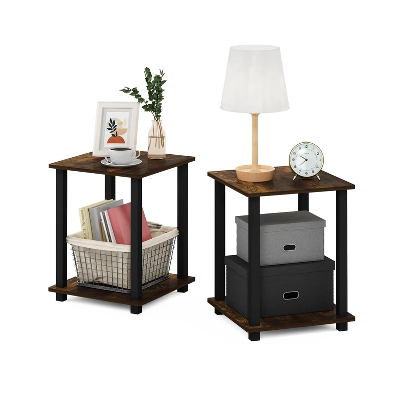 Furinno SIMPLISTIC Side Table Set of 2, 2-Tier End Table, Nightstand, Night Stand, Bedside Table, Easy Assembly, for Living Room, Bedroom, Amber Pine