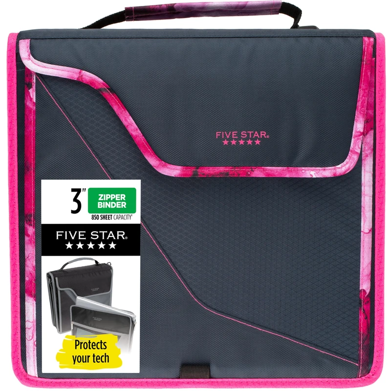 Five Star Zipper Binder, 3 Inch 3-Ring Binder for School, 5-Tab Expanding File, 850 Sheet Capacity, Removable Padded Case, Navy/Pink (292960D) - Image 1