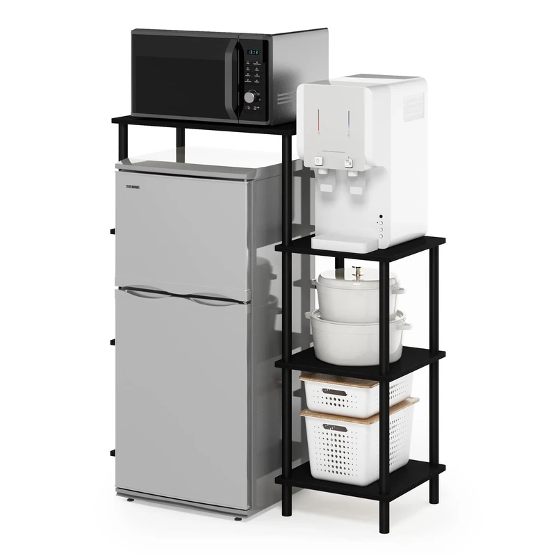 Furinno TURN-N-TUBE Coffee Bar, 4-Tier Bakers Rack with Mini Fridge Stand Shelf, Kitchen Shelves, for Pantry Organizers and Storage, Kitchen Organization, Americano