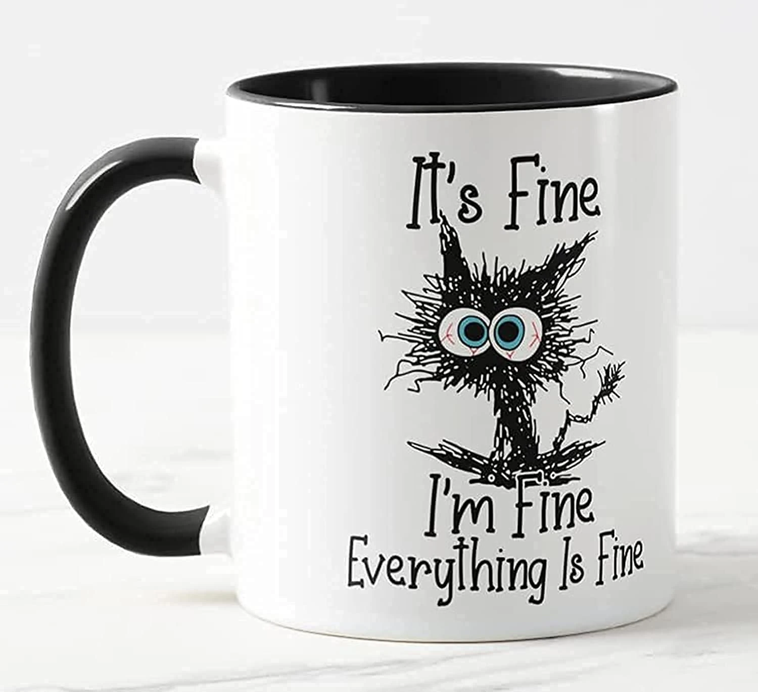 Vixar Its Fine I'm Fine Everything is fine Cat Joke Coloured Mug Cup Gift Birthday Work Office Christmas Tea Coffee (Black)