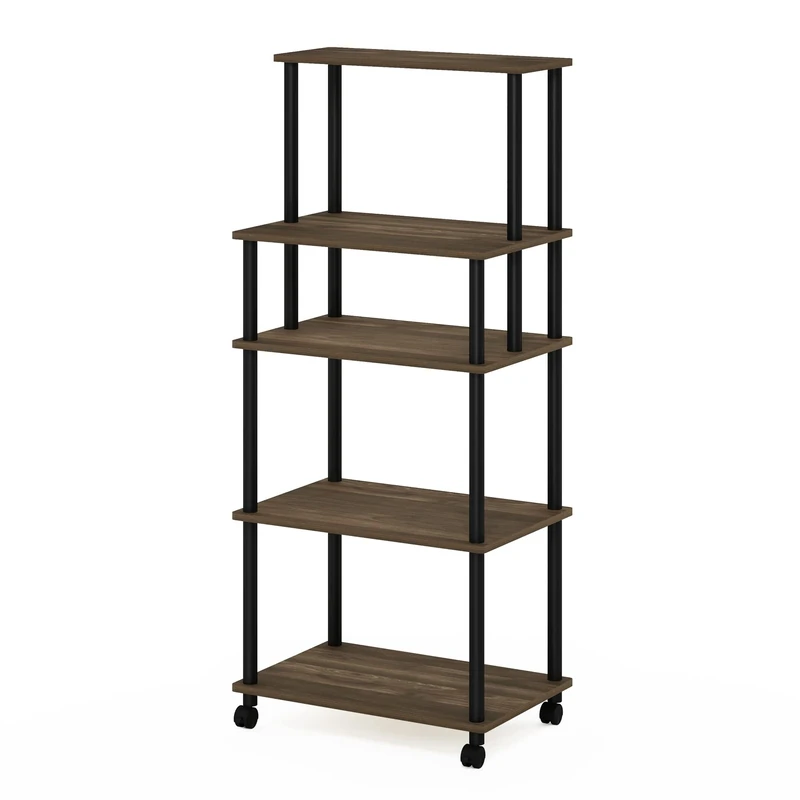 Furinno TURN-N-TUBE Bakers Rack with Wheels, 5-Tier Kitchen Storage Cart, Kitchen Cart, Coffee Bar, Pantry Organizers and Storage, Columbia Walnut