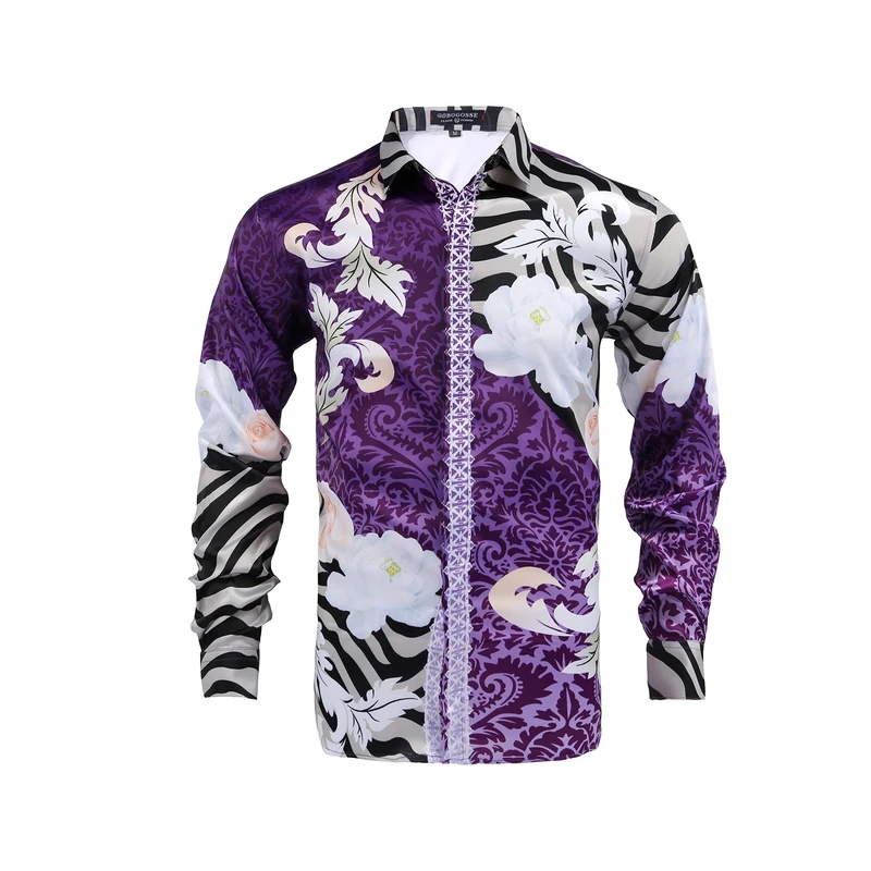 Mens Luxury Brand Printed Silk Like Satin Button Down Dress Shirt for Party Prom Long Sleeve Slim Fit Floral Nightclub Shirt, Multicolored10, XL