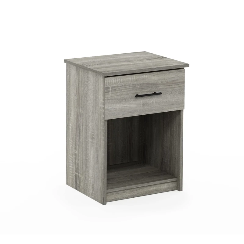 Furinno TIDUR Night Stand, Nightstand with Drawer, Bedside Table, End Table, Side Table with Storage Shelf, Bar Handle Drawer, for Bedroom, Living Room, French Oak Grey