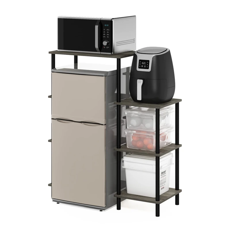 Furinno TURN-N-TUBE Coffee Bar, 4-Tier Bakers Rack with Mini Fridge Stand Shelf, Kitchen Shelves, for Pantry Organizers and Storage, Kitchen Organization, French Oak Grey