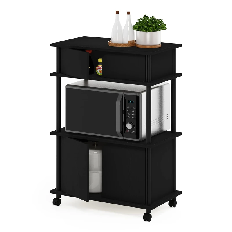 Furinno TURN-N-TUBE Bakers Rack with Wheels, 4-Tier Kitchen Storage Cart, Kitchen Cart with Closed Cabinets, Coffee Bar, Pantry Organizers and Storage, Americano