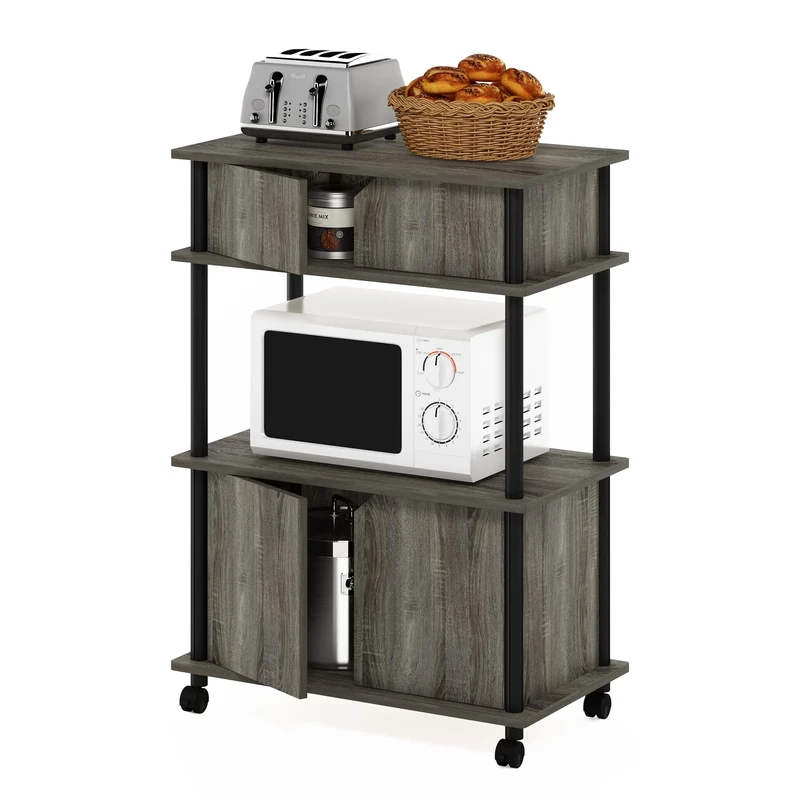 Furinno TURN-N-TUBE Bakers Rack with Wheels, 4-Tier Kitchen Storage Cart, Kitchen Cart with Closed Cabinets, Coffee Bar, Pantry Organizers and Storage, French Oak Grey
