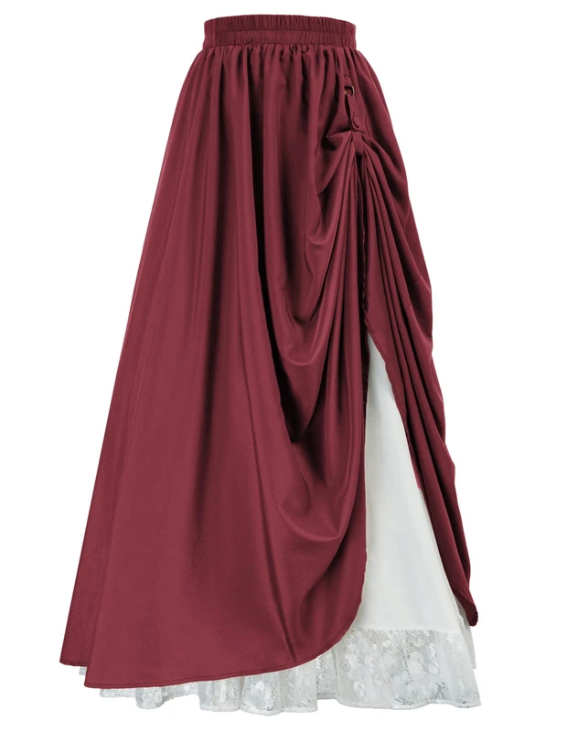 Scarlet Darkness Maxi Long Skirt for Women Double Layered Renaissance Skirts, Dark Red, M