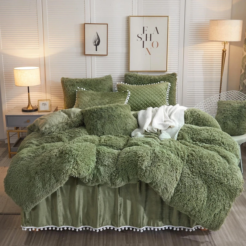 LIFEREVO Luxury Plush Shaggy Duvet Cover Set, Soft Fluffy Furry Duvet Cover Set(1 Faux Fur Fuzzy Comforter Cover+2 Pom Poms Velvet Pillowcases)Solid Bedding Set, Zipper Closure(Full/Queen, Sage Green)