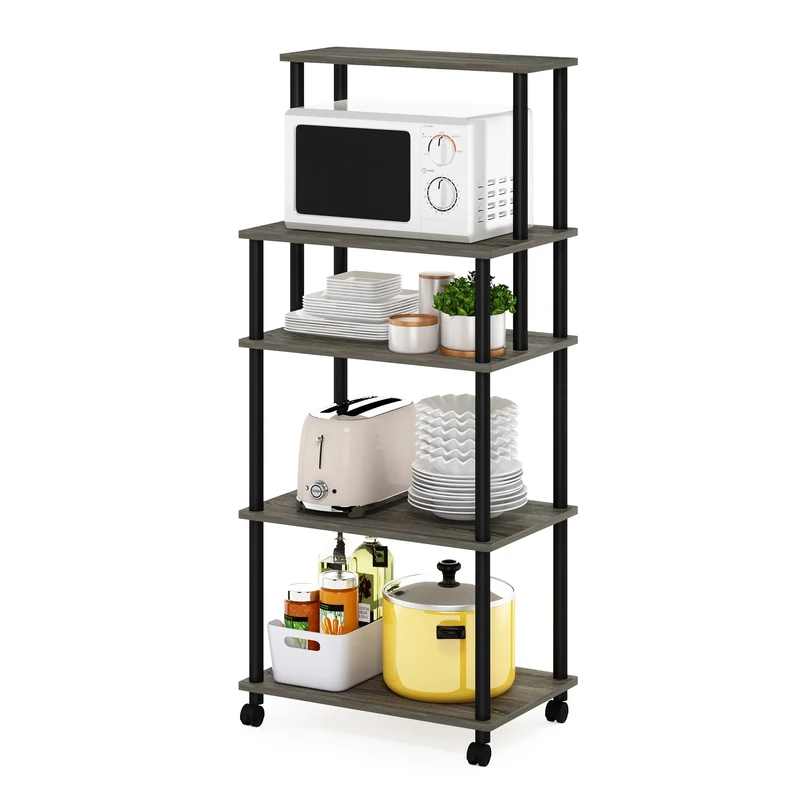 Furinno TURN-N-TUBE Bakers Rack with Wheels, 5-Tier Kitchen Storage Cart, Kitchen Cart, Coffee Bar, Pantry Organizers and Storage, French Oak Grey