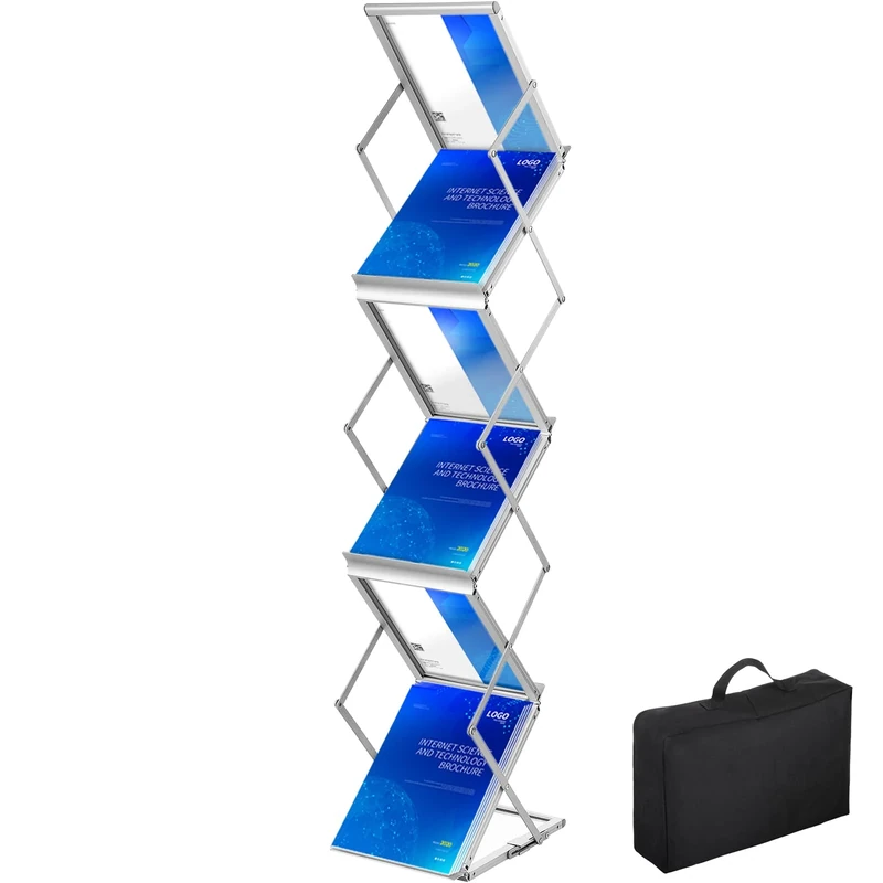 VEVOR Literature Rack, 6 Pockets, Pop up Aluminum Magazine Rack, Lightweight Catalog Holder Stand w/Carrying Bag for Hotel, Trade Show, Exhibition, Office, Retail Store, Silver
