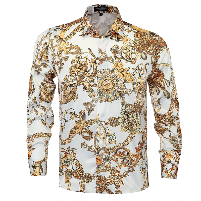 GSBOGOSSE Mens Luxury Brand Printed Silk Like Satin Button Down Dress Shirt for Party Prom Long Sleeve Slim Fit Floral Nightclub Shirt, Multicolored18, XL