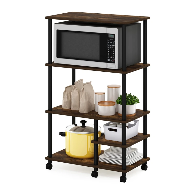 Furinno TURN-N-TUBE Bakers Rack with Wheels, 4-Tier Kitchen Storage Cart, Kitchen Cart, Coffee Bar, Pantry Organizers and Storage, Amber Pine