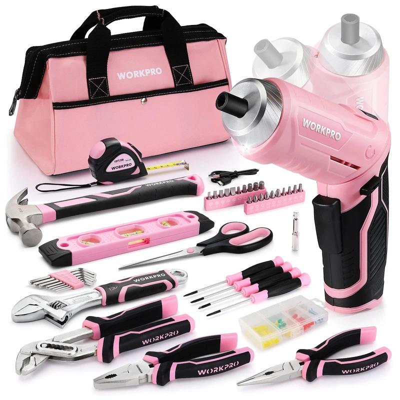 WORKPRO 74-Piece Tool Set with Cordless 3.7V Screwdriver, Pink Tool Kit with Carrying Bag, Perfect for DIY, Home Repair - Image 1