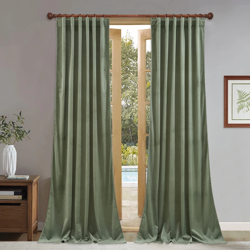 StangH Sage Green Velvet Curtains Super Soft Room Darkening Window Curtains 96 Inches Length for Sliding Glass Door, Thick Heavy Curtains for Room Dividers, 52W x 96L Inch, 2 Panels