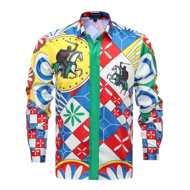 GSBOGOSSE Mens Luxury Brand Printed Silk Like Satin Button Down Dress Shirt for Party Prom Long Sleeve Slim Fit Floral Nightclub Shirt, Multicolored7, XXL