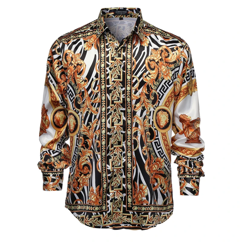 GSBOGOSSE Mens Luxury Brand Printed Silk Like Satin Button Down Dress Shirt for Party Prom Long Sleeve Slim Fit Floral Nightclub Shirt, Multicolored14, Large