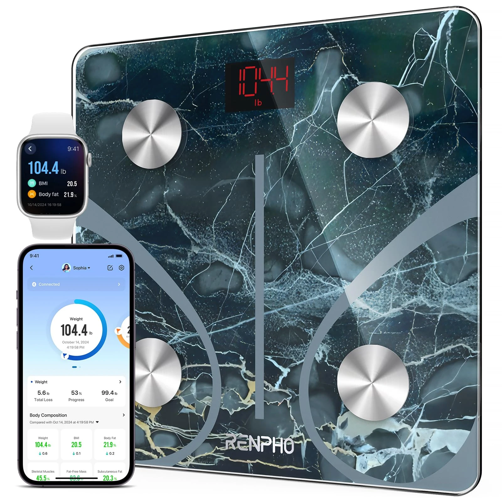 RENPHO Weighing Scales for Body Weight, Smart Body Fat Scale Bluetooth, Digital Bathroom Scales, BMI Body Composition Monitors with Smartphone App, Marble, Elis 1