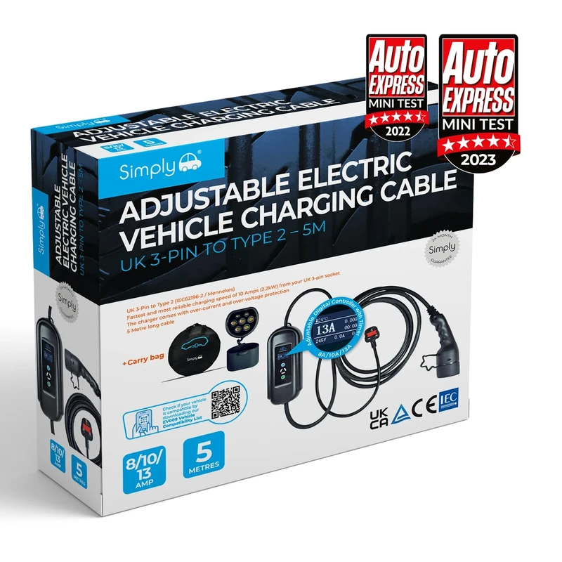 Simply EV009 Premium Adjustable Amperage Electric Vehicle Fast-Charging 3.1kW 8/10/13amp Cable - UK 3Pin to Type 2-5M - Durable and Flexible with Digital Controller and Carry Bag