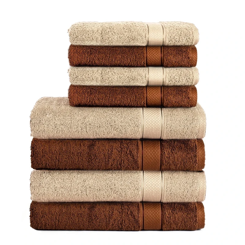 Komfortec Set of 8 Hand Towels 100% Cotton, 4 Bath Towels 70 x 140 cm and 4 Hand Towels 50 x 100 cm, Terry Clothing, Soft, Large Towel, Brown/Beige
