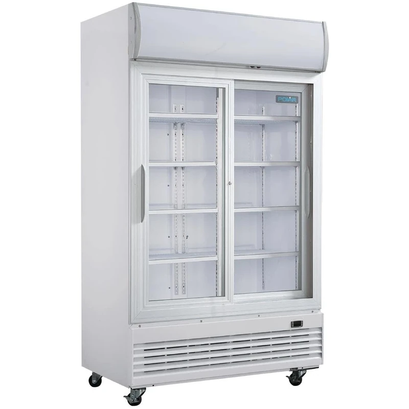 Polar Refrigeration G-Series 500W Upright 2 Sliding Door Food Drink Display Cooler Fridge with Light Box 950 Litre, White, 2°C to 10°C, 2036(H)x1200(W)x730(D)mm, 10 Shelves, Energy Rating C | GE581