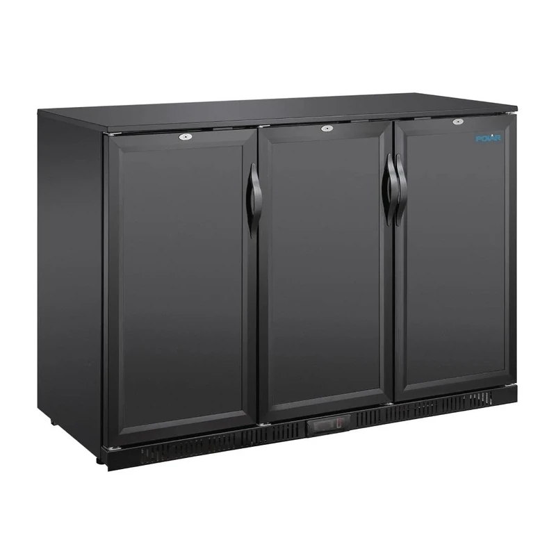 Polar Refrigeration G-series 280W Triple Door Back Bar Cooler Fridge 320 Litre, Black, 2°C to 8°C, 850(H)x1350(W)x520(D)mm, Solid Lockable Doors, 6 Shelves, Energy Rating B | GE999
