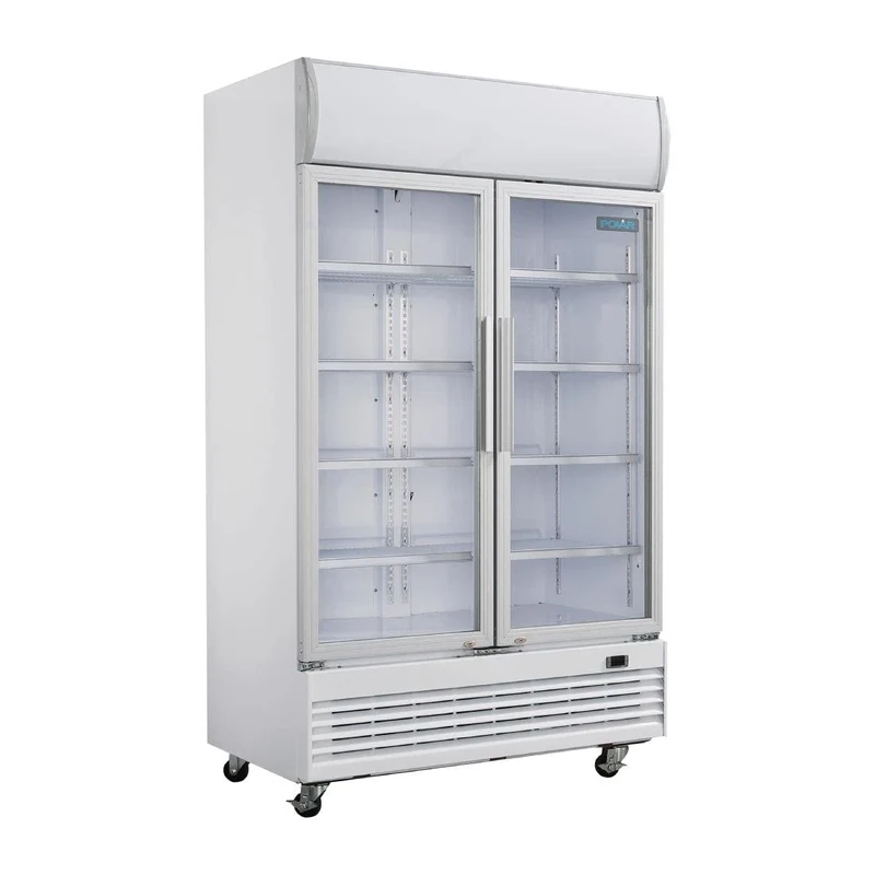 Polar Refrigeration G-Series 500W Upright 2 Hinged Door Food Drink Display Cooler Fridge with Light Box 950 Litre, White, 2°C to 6°C, 2036(H)x1200(W)x730(D)mm, 10 Shelves, Energy Rating B | GE580