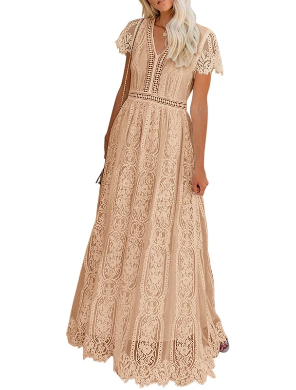 Merokeety Women's V Neck Short Sleeve Floral Lace Wedding Dress Bridesmaid Cocktail Party Maxi Dress, Apricot, XXL