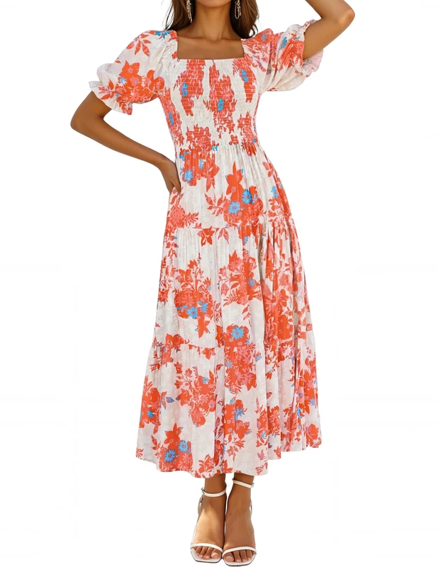 ZESICA Women's 2023 Summer Boho Floral Print Square Neck Ruffle Swing Beach Long Maxi Dress, Tangerine, M