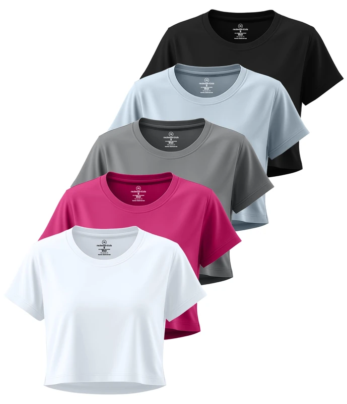 5 Pack: Women's Dry Fit Crop Top - Short Sleeve Crew Neck Stretch Athletic Tee (Available in Plus Size), Set 2, S