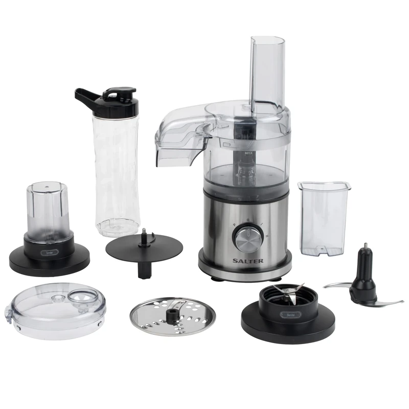 Salter EK5028 4-in-1 Food Processor and Blender, Electric Chopper, Slice, Blend, Grind & Shred, 2 Speeds & Pulse, Includes Dishwasher Safe; BPA Free Food Pusher, 600ml Bottle & 30g Grind Cup, 400W