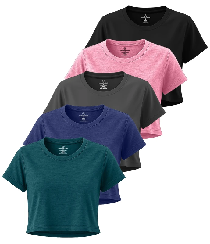 Real Essentials 5 Pack: Women's Dry Fit Crop Top - Short Sleeve Crew Neck Stretch Athletic Tee (Available in Plus Size), Set 4, L - Image 1