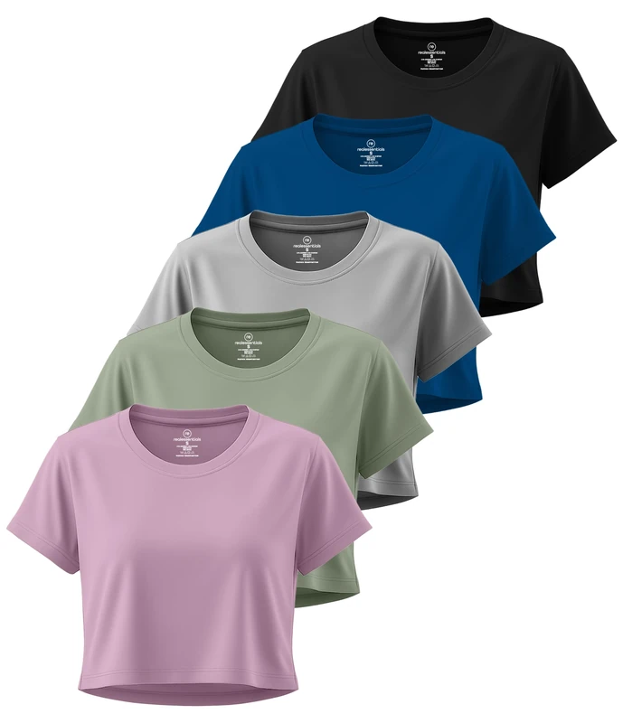 5 Pack: Women's Dry Fit Crop Top - Short Sleeve Crew Neck Stretch Athletic Tee (Available in Plus Size), Set 1, S
