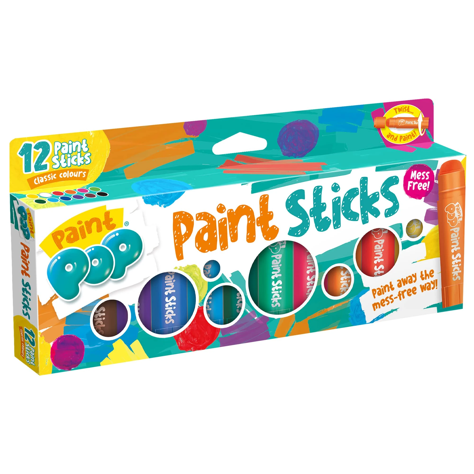 Paint Pop - Paint Sticks For Kids - 12 Pack Assorted Colours - Twist & Paint, Mess-Free, Fast Drying Action, Easy Clean Up, Vibrant Colours, Multi-Surface