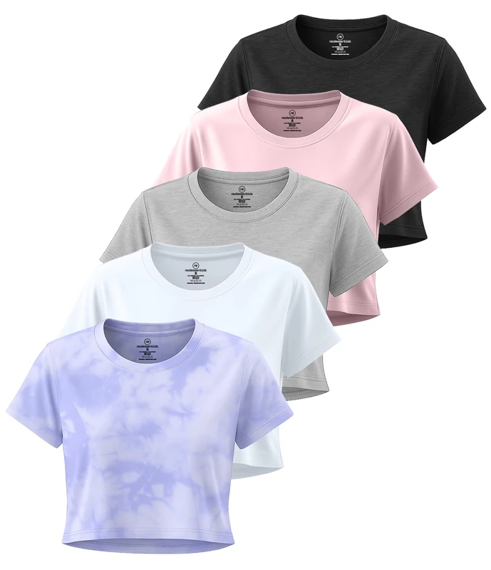 5 Pack: Women's Dry Fit Crop Top - Short Sleeve Crew Neck Stretch Athletic Tee (Available in Plus Size), Set 6, S