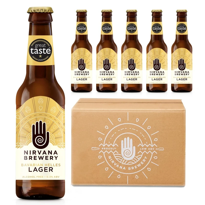 Nirvana Brewery Bavarian Helles Lager 0.3% ABV | 24 x 330ml Bottles | Alcohol Free Lager | Great Taste Winner 2020 | Vegan | Low Calorie | Just 64 kcal Per Bottle