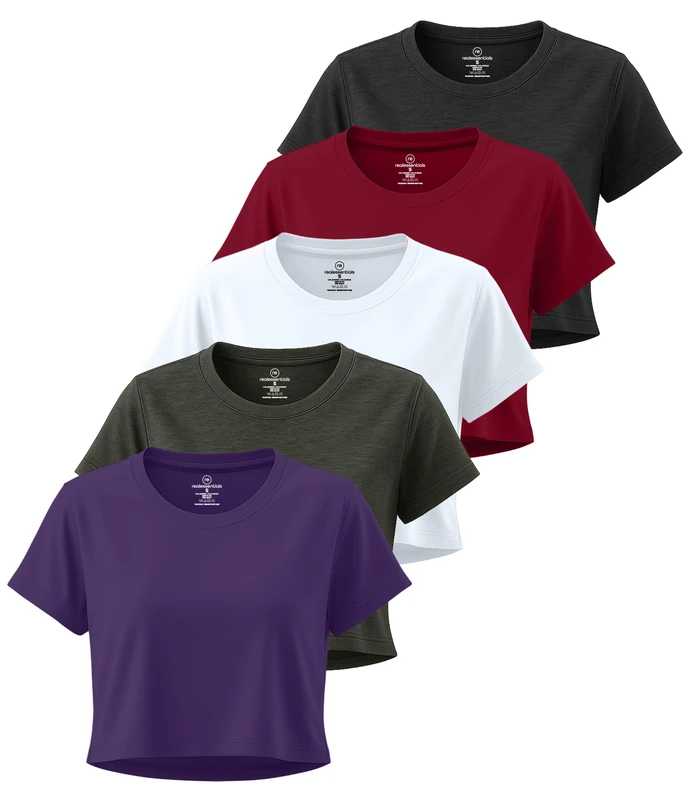 5 Pack: Women's Dry Fit Crop Top - Short Sleeve Crew Neck Stretch Athletic Tee (Available in Plus Size), Set 5, Small