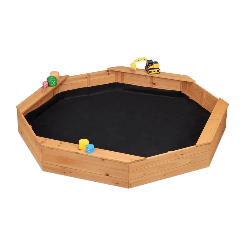 Relaxdays Sandpit, Octagon Shape, 4 Benches, with Fleece Lining, HxWxD: 22.5 x 160 x 160 cm, Sand Pit, Fir Wood, Nature