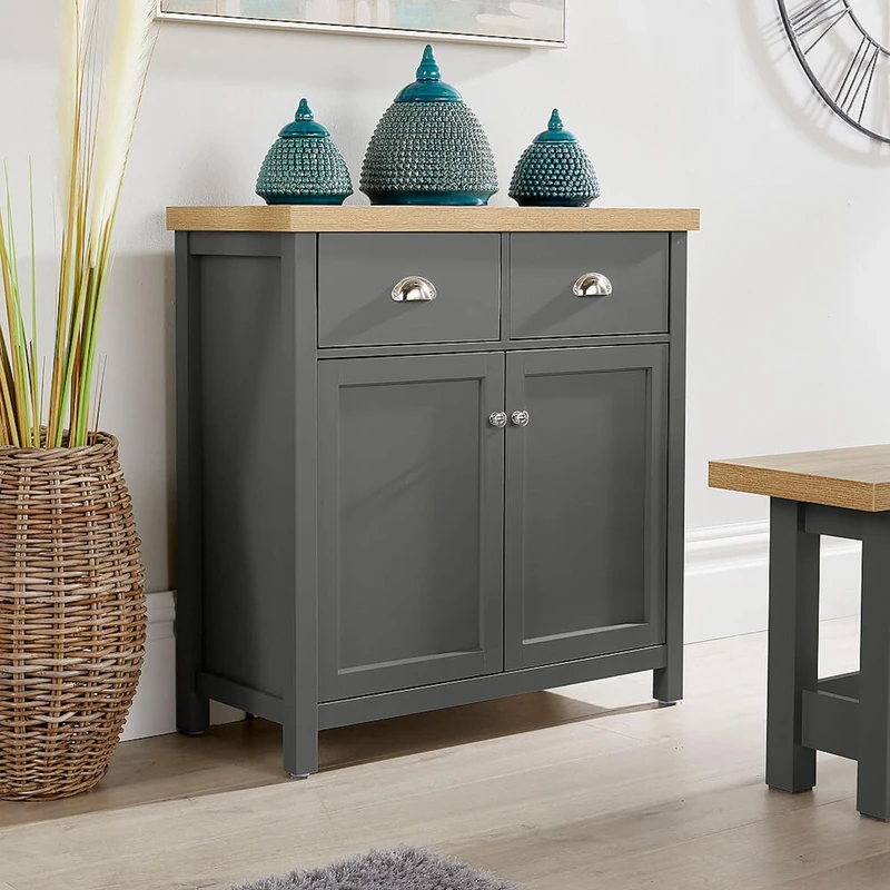 Home Source 2 Door 2 Drawer Sideboard Storage Cupboard, Shelf, Metal Handles, Oak Effect, Dark Grey