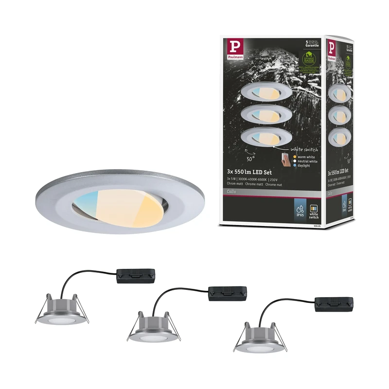 Paulmann Calla 93095 LED Recessed Light Set of 3 Swivelling IP65 90 mm 30° 3 x 550 lm White Switch 3 x 5 Watt Recessed Spotlight Matt Chrome 3000 K
