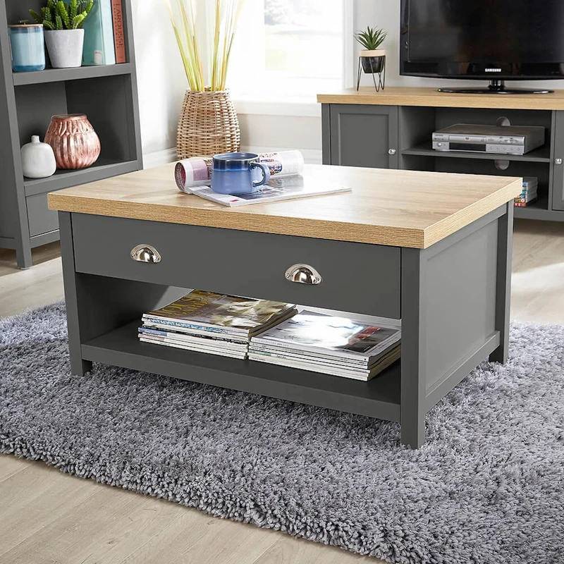 Home Source 2 Drawer Occasional Coffee Table, Oak Effect, Dark Grey