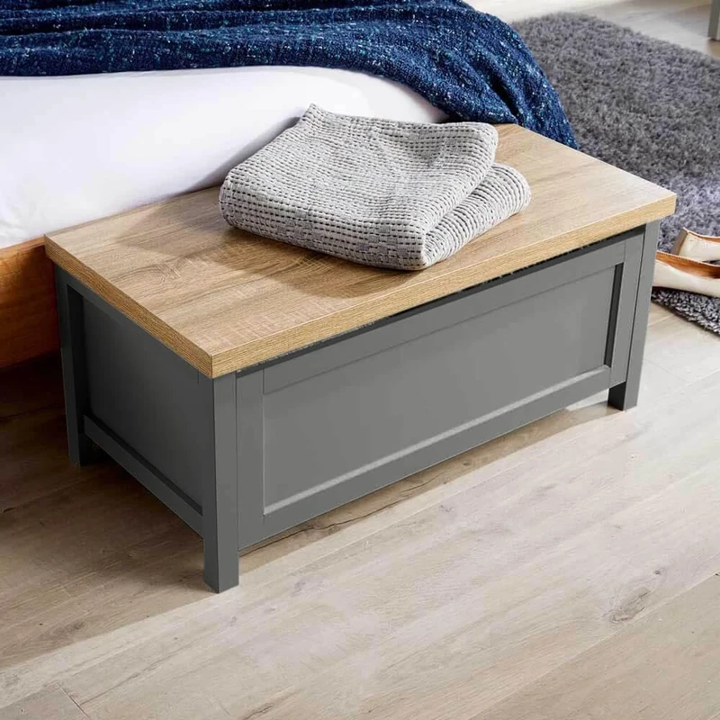 Home Source Wooden Ottoman Storage Toy Chest Bedding or Blanket Box, Sonoma Oak Effect, Dark Grey, 90cm