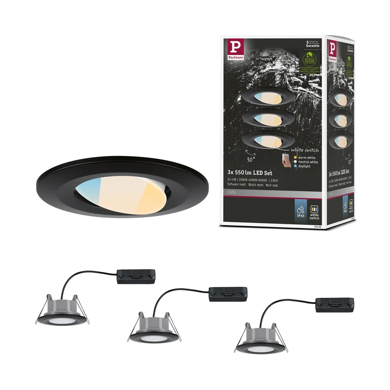 Paulmann Calla 93096 LED Recessed Light Set of 3 Swivelling IP65 90 mm 30° 3 x 550 lm White Switch Including 3 x 5 Watt Black Matt Plastic 3000 K
