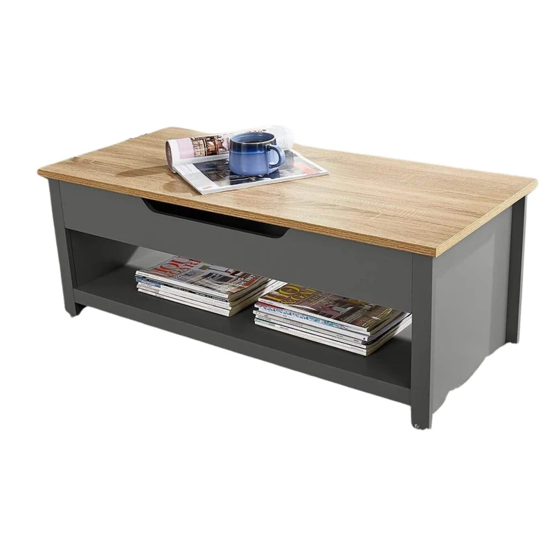 Home Source Lift Up Coffee Occasional Table, Storage Shelf, Oak Effect, Dark Grey