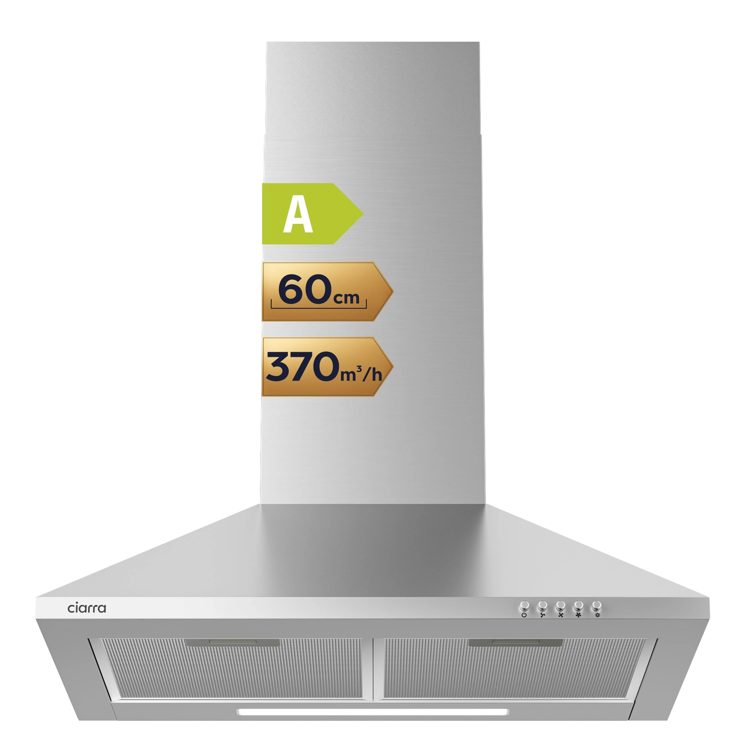 CIARRA CAS6201A Cooker Hood 60cm Stainless Steel Chimney Range Hood 600mm Recirculating Duct Kitchen Ventilation Extractor Fan