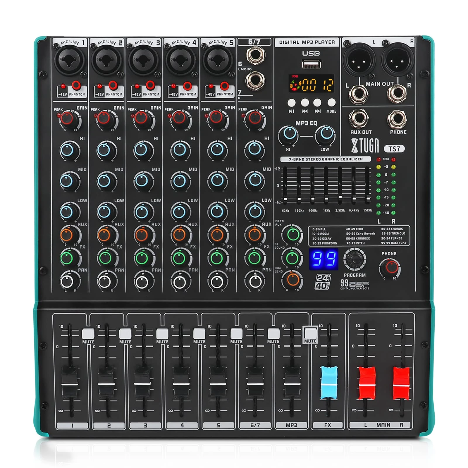 XTUGA TS7 Audio Mixer with 99 DSP Effect 7 band EQ,Independent 48V Phantom Power Mute Bluetooth Function USB Audio Interface Recording for Studio DJ Stage Party
